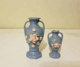 2 Vintage Vase Made In Japan Blue Vases With Pink Flowers 4 " & 2 " Tall