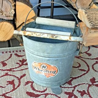 Vintage Wheeling No.  12 Galvanized Metal Mop Bucket,  Wooden Rollers & Foot Pedal