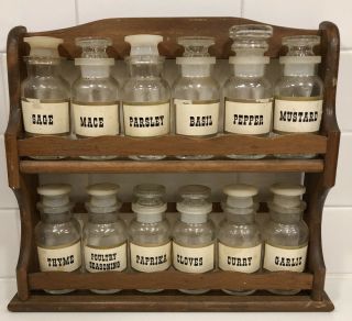Vintage 12 Wood Spice Rack With Glass Bottles Tops Spices Wall Hanging Wooden