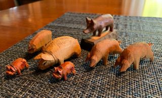 Set Of Five Vintage Wooden Carved Pig Figurines