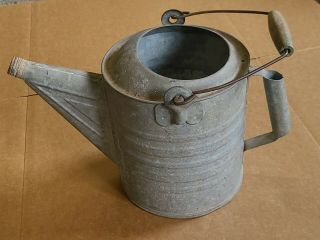 Antique Watering Can Galvenized With Wooden Handle