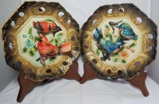 Vintage Set Of 2 Napcoware Bird Plates 3d 8.  5 " Blue Jay & Cardinal Ornate Japan