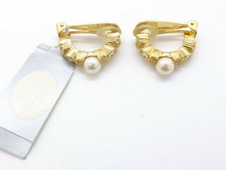 Christian Dior Vtg Nwt Gold Tone Faux Pearl & Crystal Half Hoop Clip - On Earrings