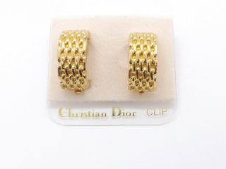 Christian Dior Vintage Nwt Gold Tone Wide Chain Link Half Hoop Clip - On Earrings