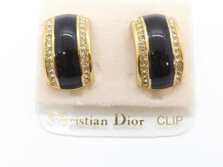 Christian Dior Vtg Nwt Gold Tone Half Hoop Black Enamel Crystal Clip - On Earrings