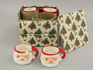 Vintage Mid Century Holt Howard Winking Santa Christmas Mugs In Boxes