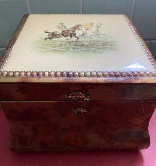 Vintage Large 5x7” Wood Box Equestrian Hunting Trinket W/ 2 Men Riding Horses