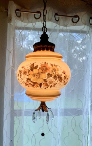 Vtg Retro Mid Century Modern Floral Glass Globe Hanging Swag Lamp Light Prims
