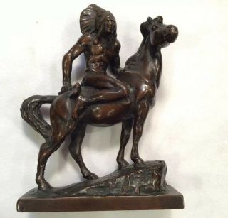 Vintage Paul Herzel Bronze Clad Sculpture Of Native American Indian On Horseback