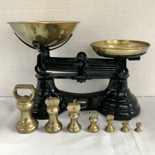 Vintage Librasco Kitchen Balance Scale Black Iron Brass Bowls W/ 7 Bell Weights