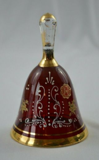 Italian Ruby Red Glass Bell With White & Gold Accents