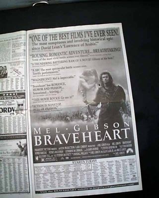 Best Braveheart Film Movie Opening Day Ad & Review 1995 Los Angeles Ca Newspaper