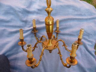 Vintage Large French 6 Light Gilt Brass Chandelier Heavy Chain Large Rose Fixing