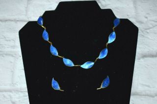 Vintage David Andersen Sterling Silver Blue Guilloche Enamel Necklace Earrings