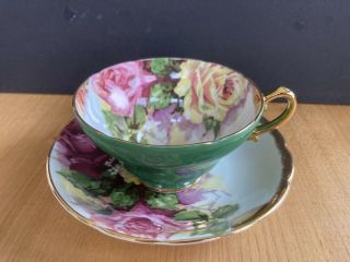 Vintage Green Stanley Tea Cup & Saucer W Pink & Yellow Cabbage Roses Gold Trim