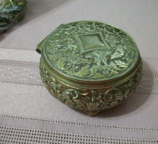 Small Round Vintage Trinket Box Made In Japan Silver Toned Metal Red Lining