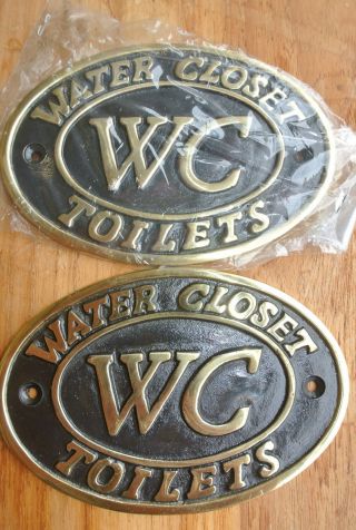 2 Toilet Solid Brass Signs " Wc " Water Closet Screw Door Cast Heavy 11.  5 Cm B