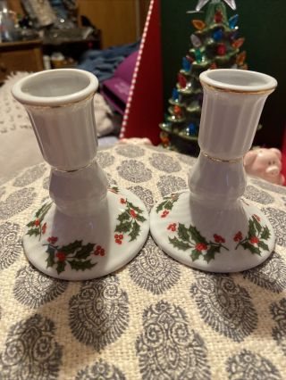 Set Of 2 Vintage Christmas Holly Fine Porcelain Candlestick Taper Candle Holders