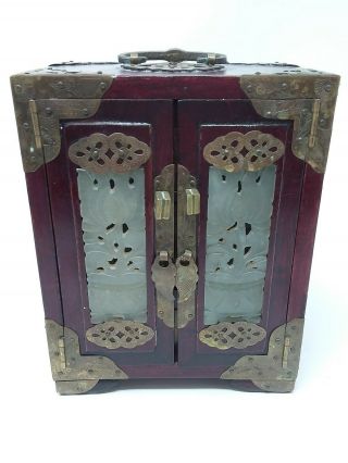 Vintage Chinese Rose Wood Jewelry/trinket Box W/carved Jade & Brass
