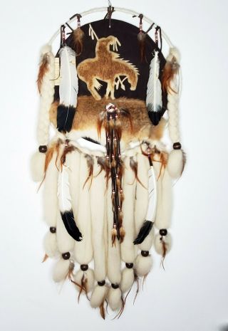 Vtg Large Dream Catcher Fur Wool Feathers Indian Beaded Mandella