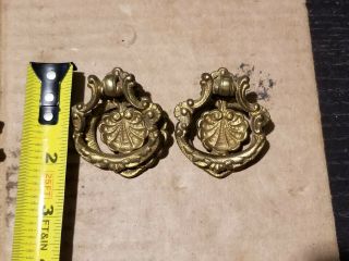 Pair Vintage Deco Brass Drawer Cabinet Furniture Drop Ring Pull Handle 1