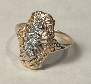 Stunning Vtg Antique 14k Yellow Gold Filigree 3 Diamond Ornate Art Deco Ring