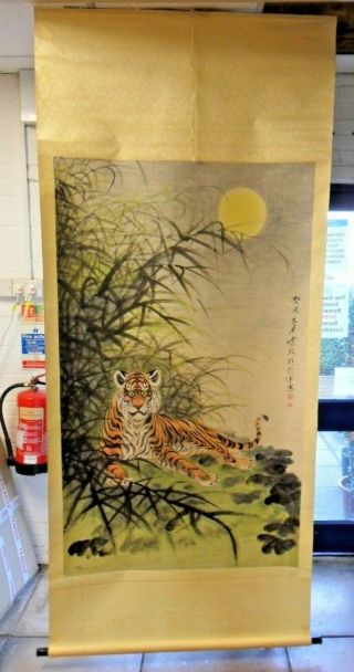Stunning Large Vintage Chinese Scroll With Silk Painting Of A Tiger