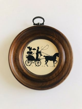 Vintage Black Silhouette Victorian Couple In Horse Carriage Round Wood Frame