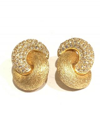 Vintage Christian Dior Gold Plated Textured And Rhinestone Knot Pierced Earrings