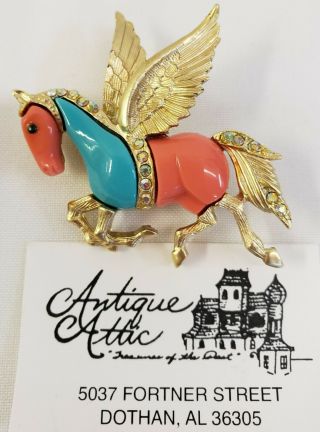 Vtg Hattie Carnegie Faux Coral & Turquoise Pegasus Horse Rhinestones Pin Brooch