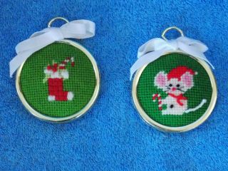 Vintage Set Of 2 Cross Stitch Christmas Ornament Mouse & Christmas Stocking