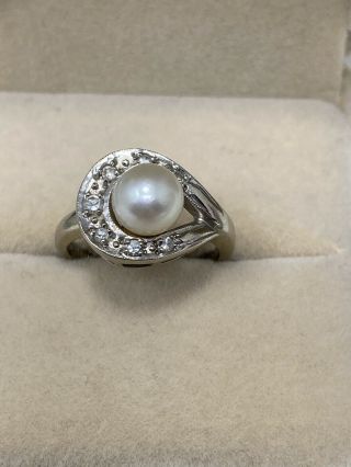 Vintage Solid 14k White Gold Ring W/6mm Pearl Diamond Accents 2.  7g Sz 4