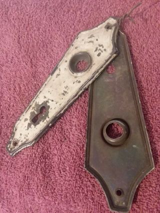 Pr Art Deco Skeleton Key Door Knob Back Plates Stamped Steel Shield 6.  5 " T X 2 " W