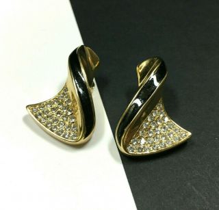 Vintage Christian Dior Couture Clip Earrings Pave Rhinestone Black Enamel Hh29u