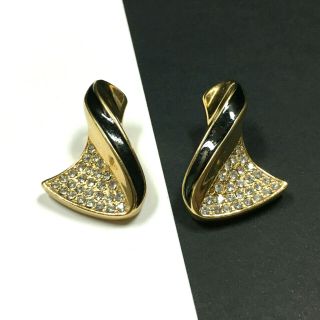 Vintage CHRISTIAN DIOR Couture Clip Earrings Pave Rhinestone Black Enamel HH29U 3
