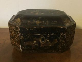 Antique Chinese Export Black Lacquer And Gilt Wood Box Or Tea Caddy 19th Century