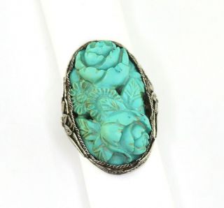 Antique Vtg Chinese Silver Carved Chinese Turquoise Peony Floral Ring Adjustable