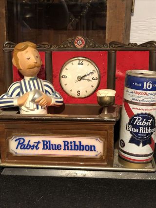 Vintage Pbr Pabst Blue Ribbon Beer Bartender Cast Metal Bar Light Up Clock Sign