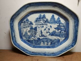 Large Antique Canton Chinese Export Blue & White Porcelain Platter,  17.  5 " X14.  5 "