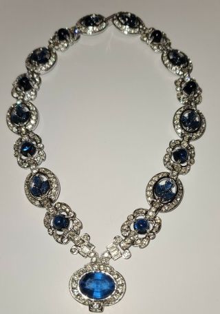 Vintage High End Blue Sapphire Glass Teardrop & Leaves Rhinestone Necklace