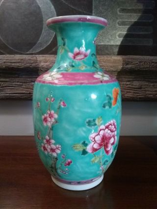 Antique Chinese Porcelain Vase Famille Republic Period Turquoise Ground