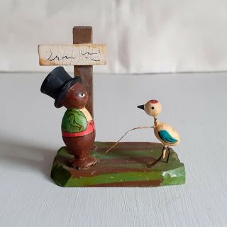 Vintage Antique Miniature Wooden Anri Toy Bird Black Figure Folk Art Erzgebirge