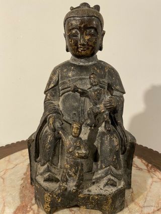 Chinese Bronze Buddha God Figure Seated On Throne With Children Gilt Statue