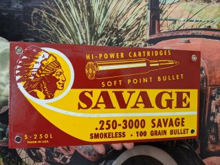 Old Vintage Savage Smokeless Bullets Porcelain Gas Oil Sign Winchester Remington