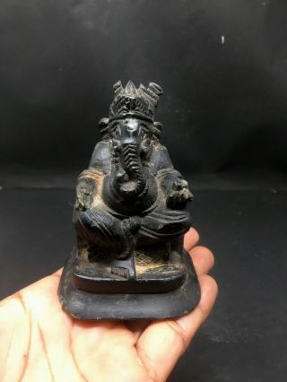 Antique Old Black Stone Hand Carved Hindu God Ganesha Statue Sculpture