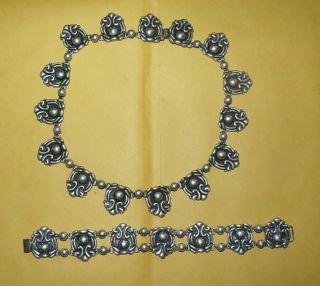 Vintage Signed " Taxco " Mexico Sterling Silver 925 Necklace & Bracelet Set 88.  6g
