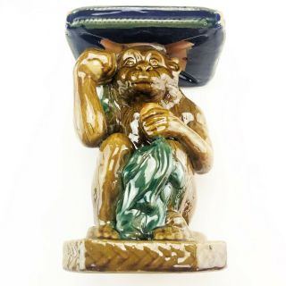 Vintage Majolica Monkey Plant Stand British Colonial Holding Fruit Jardiniere