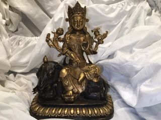 Large Antique Chinese Gilt Bronze Buddha Diety Statue Of A Goddess.