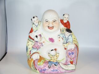 Vintage Chinese Porcelain Laughing Buddha With Five Children Statue