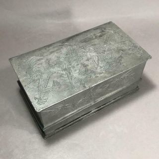 Antique Chinese Pewter Tea Caddy Box Engraved W/ Confronting Dragons,